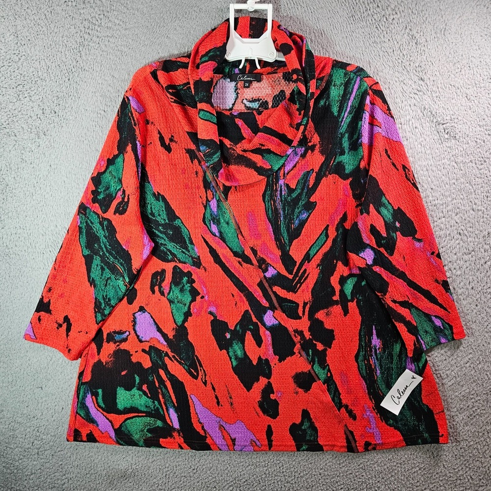 NEW Calessa Top Blouse‎ Women 2X Stretch Mock Neck Abstract Green Red
